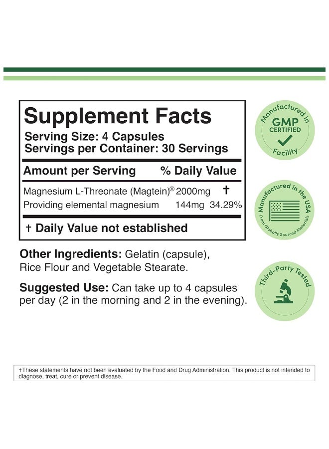 Magnesium L Threonate, Magtein, Sleep and Cognitive Support – High Absorption – Most Bioavailable Form of Magnesium – 2,000 mg – 120 Capsules - Image 2